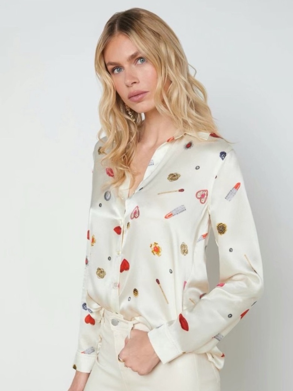 L’Agence Tyler Silk Champagne Multi Heart Jewel Button Up Long Sleeve Blouse - Picture 3 of 13